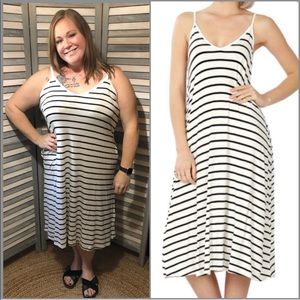 Black & Ivory Striped Midi V-Neck Dress